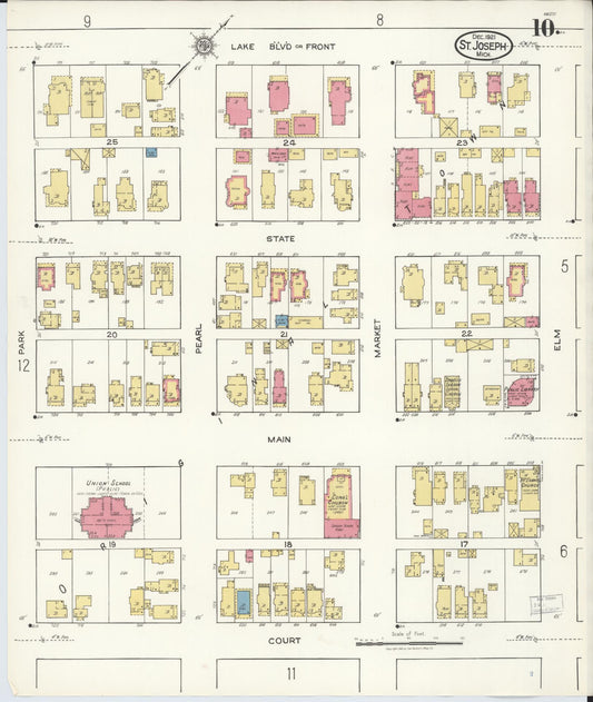 Sanborn Fire Insurance Map from Saint Joseph, Berrien County, Michigan (1921), Sheet #0010 - Historic Sanborn Fire Insurance Map Print, vintage old map wall art, antique decor, genealogy gift, Michigan Michigan map
