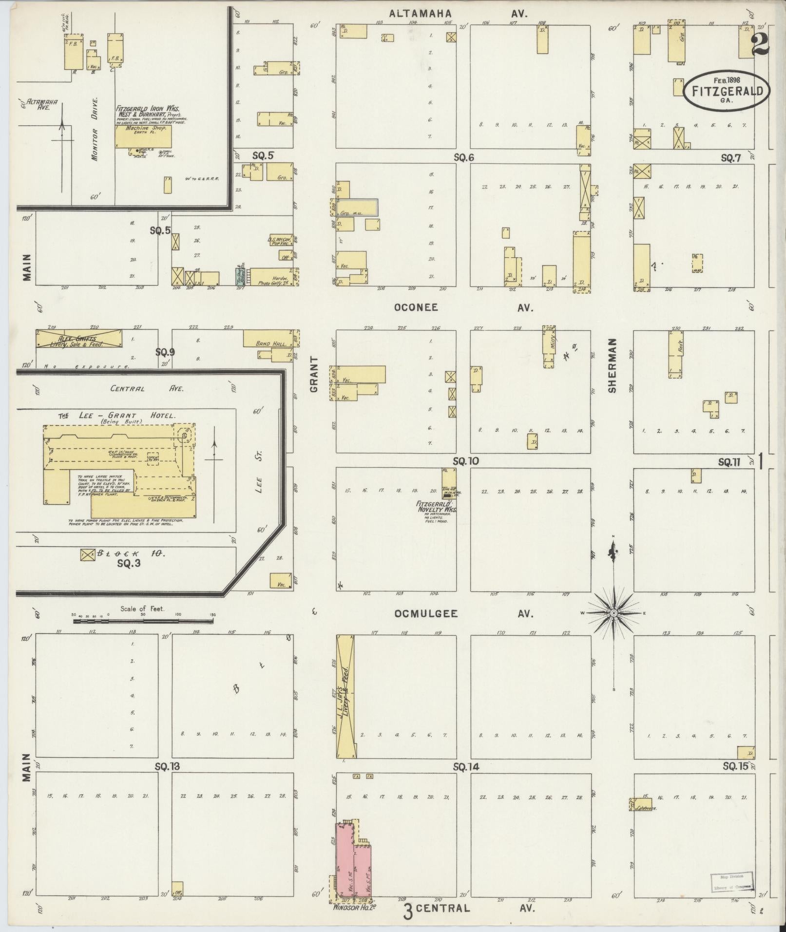 Sanborn Fire Insurance Map from Fitzgerald, Ben Hill County, Georgia (1898), Sheet #0002 - Historic Sanborn Fire Insurance Map Print, vintage old map wall art, antique decor, genealogy gift, Georgia Georgia map