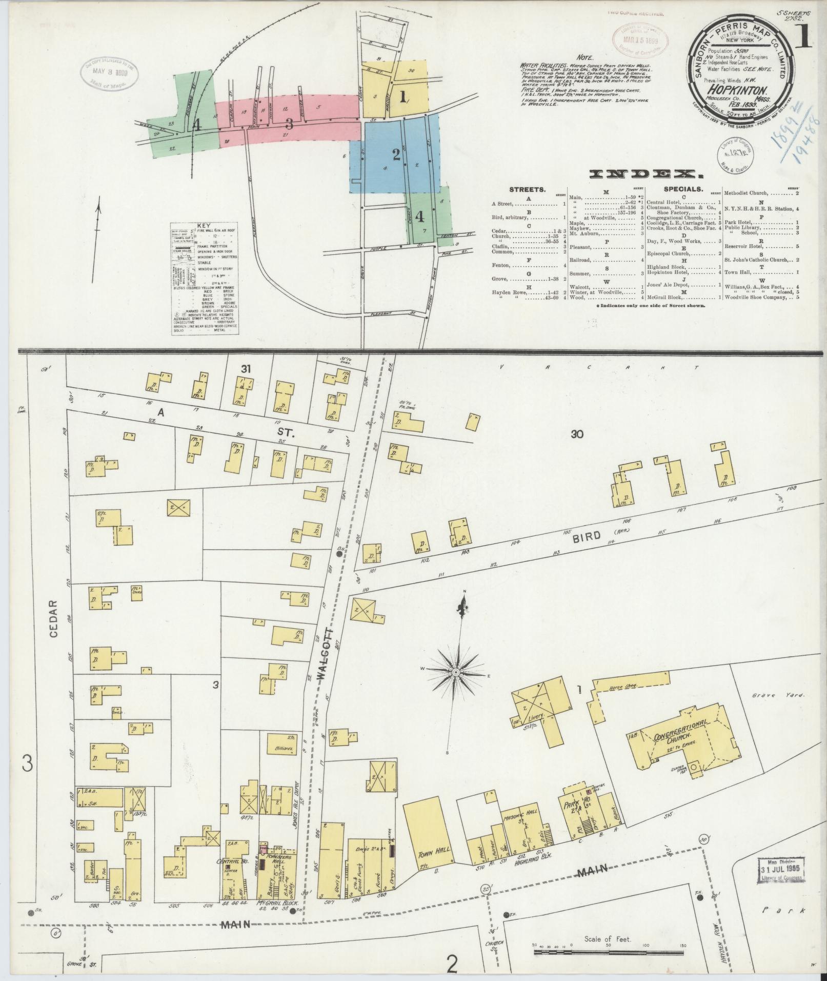 Sanborn Fire Insurance Map from Hopkinton, Middlesex County, Massachusetts (1899), Sheet #0001 - Historic Sanborn Fire Insurance Map Print, vintage old map wall art, antique decor, genealogy gift, Massachusetts Massachusetts map