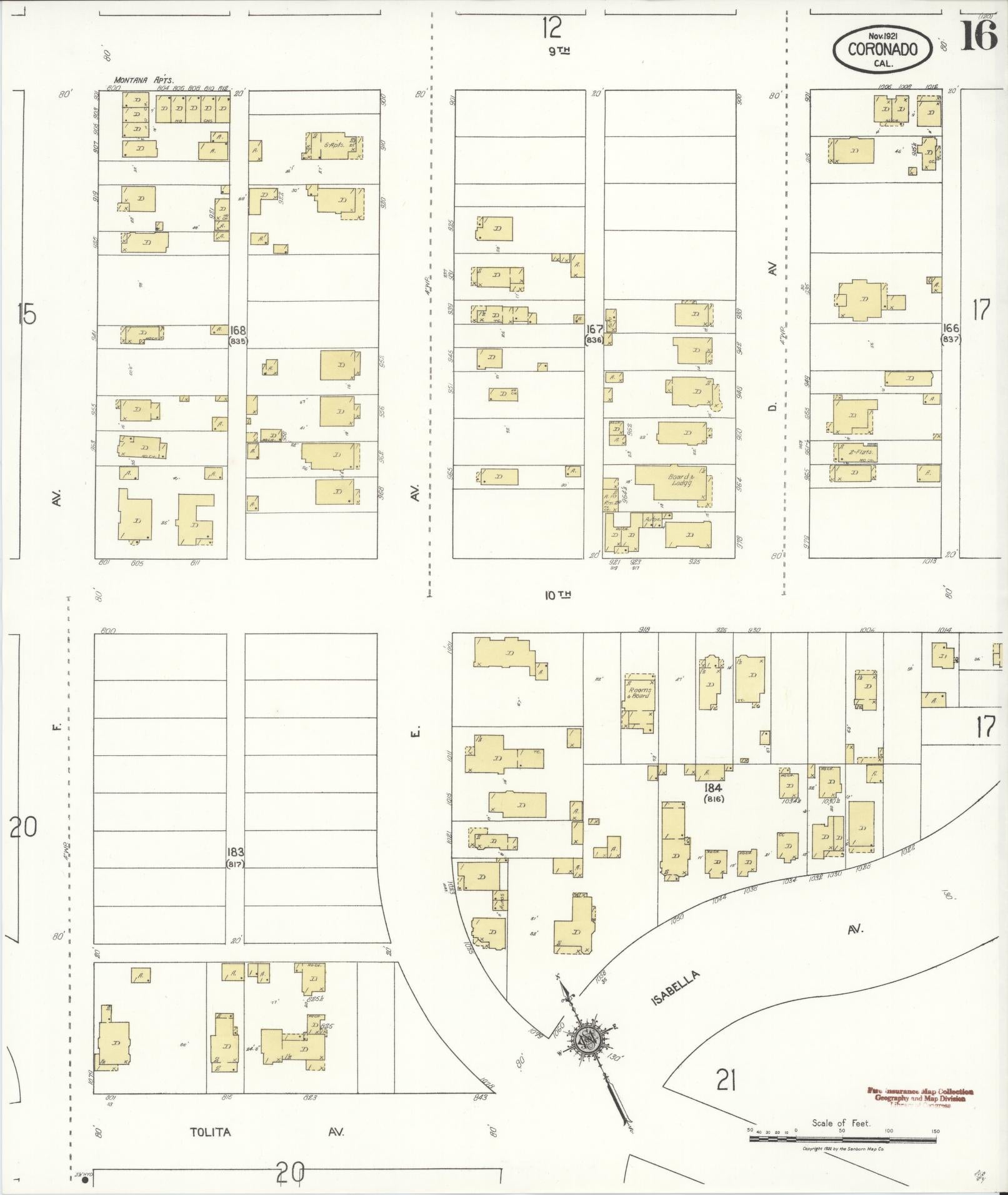 Sanborn Fire Insurance Map from Coronado, San Diego County, California (1921), Sheet #0016 - Complete Map Set gallery image, historic Sanborn map, vintage wall art, California California