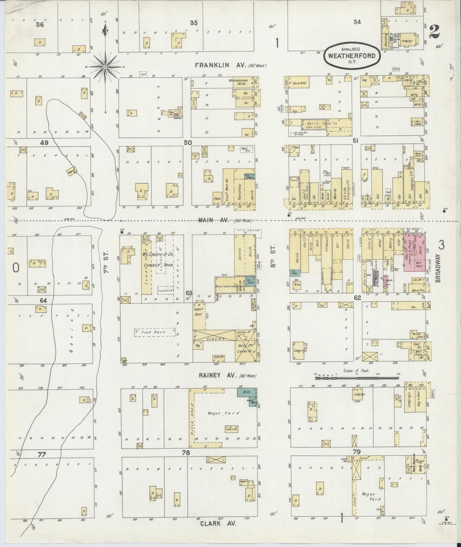 Sanborn Fire Insurance Map from Weatherford, Custer County, Oklahoma (1902), Sheet #0002 - Complete Map Set gallery image, historic Sanborn map, vintage wall art, Oklahoma Oklahoma
