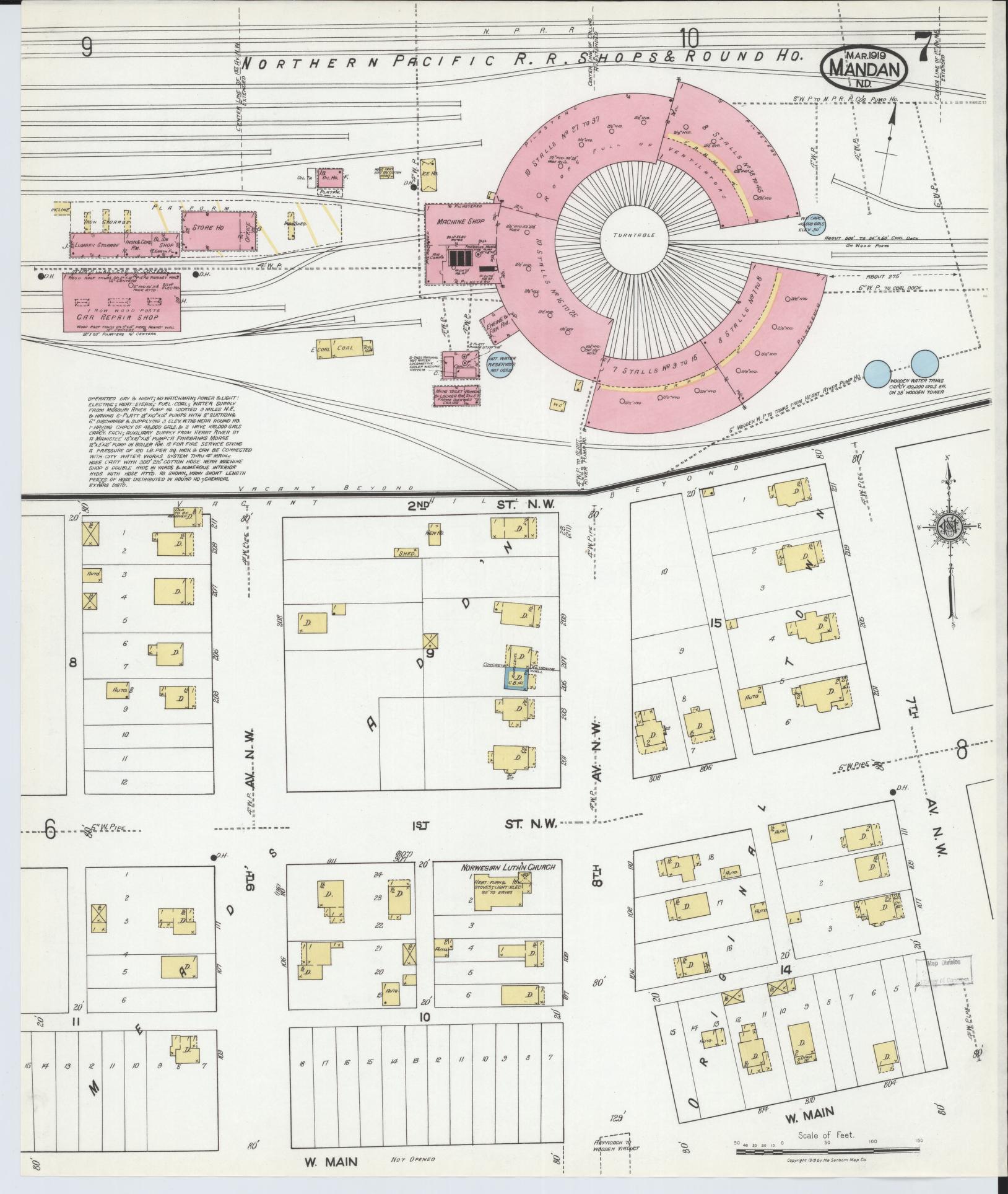 Sanborn Fire Insurance Map from Mandan, Morton County, North Dakota (1919), Sheet #0007 - Historic Sanborn Fire Insurance Map Print, vintage old map wall art, antique decor, genealogy gift, North Dakota North Dakota map