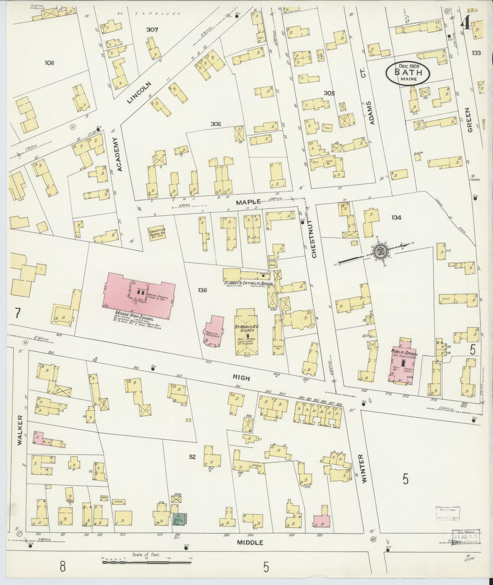 Sanborn Fire Insurance Map from Bath, Sagadahoc County, Maine (1909), Sheet #0004 - Historic Sanborn Fire Insurance Map Print, vintage old map wall art, antique decor, genealogy gift, Maine Maine map