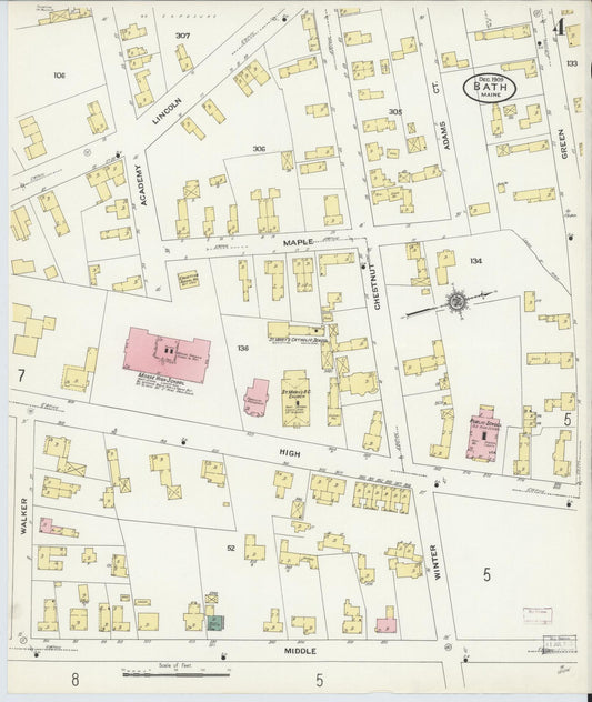 Sanborn Fire Insurance Map from Bath, Sagadahoc County, Maine (1909), Sheet #0004 - Historic Sanborn Fire Insurance Map Print, vintage old map wall art, antique decor, genealogy gift, Maine Maine map