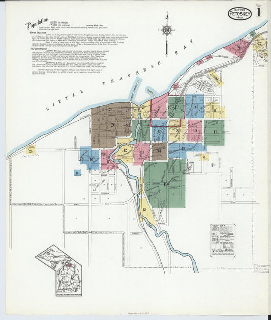 Sanborn Fire Insurance Map from Petoskey, Emmet County, Michigan (1919), Sheet #0001 - Historic Sanborn Fire Insurance Map Print, vintage old map wall art, antique decor, genealogy gift, Michigan Michigan map