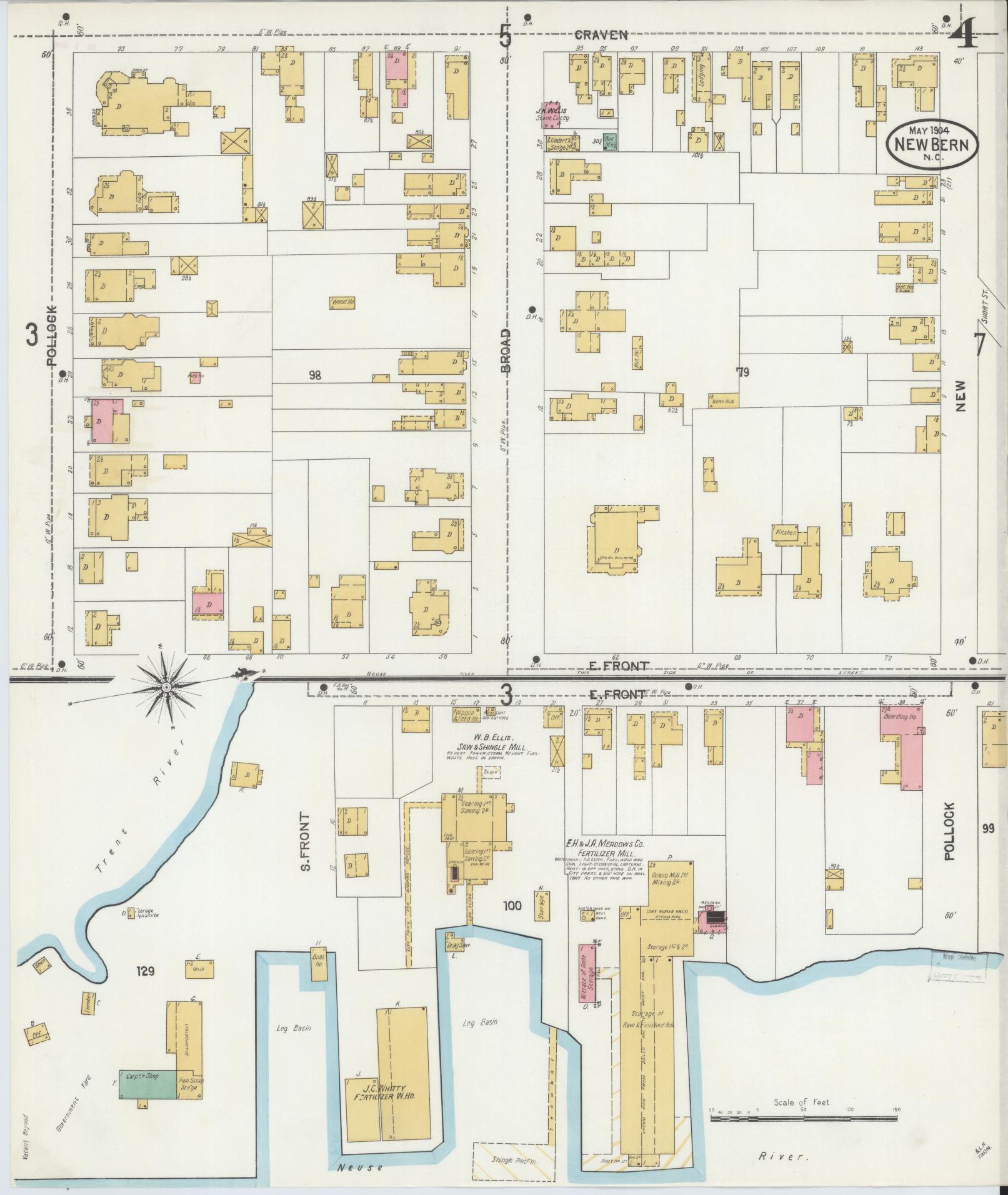 Sanborn Fire Insurance Map from New Bern, Craven County, North Carolina (1904), Sheet #0004 - Complete Map Set gallery image, historic Sanborn map, vintage wall art, North Carolina North Carolina