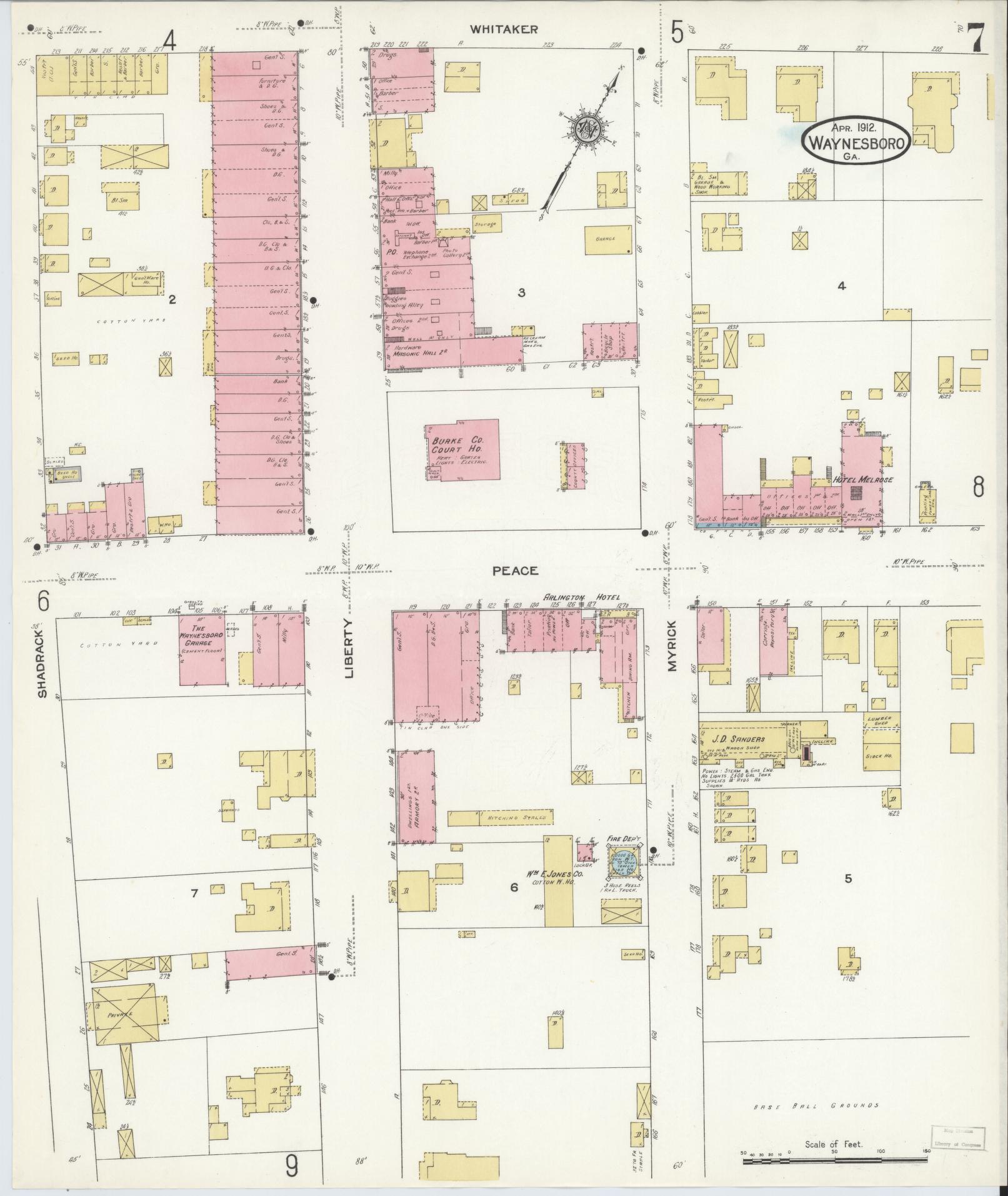 Sanborn Fire Insurance Map from Waynesboro, Burke County, Georgia (1912), Sheet #0007 - Historic Sanborn Fire Insurance Map Print, vintage old map wall art, antique decor, genealogy gift, Georgia Georgia map