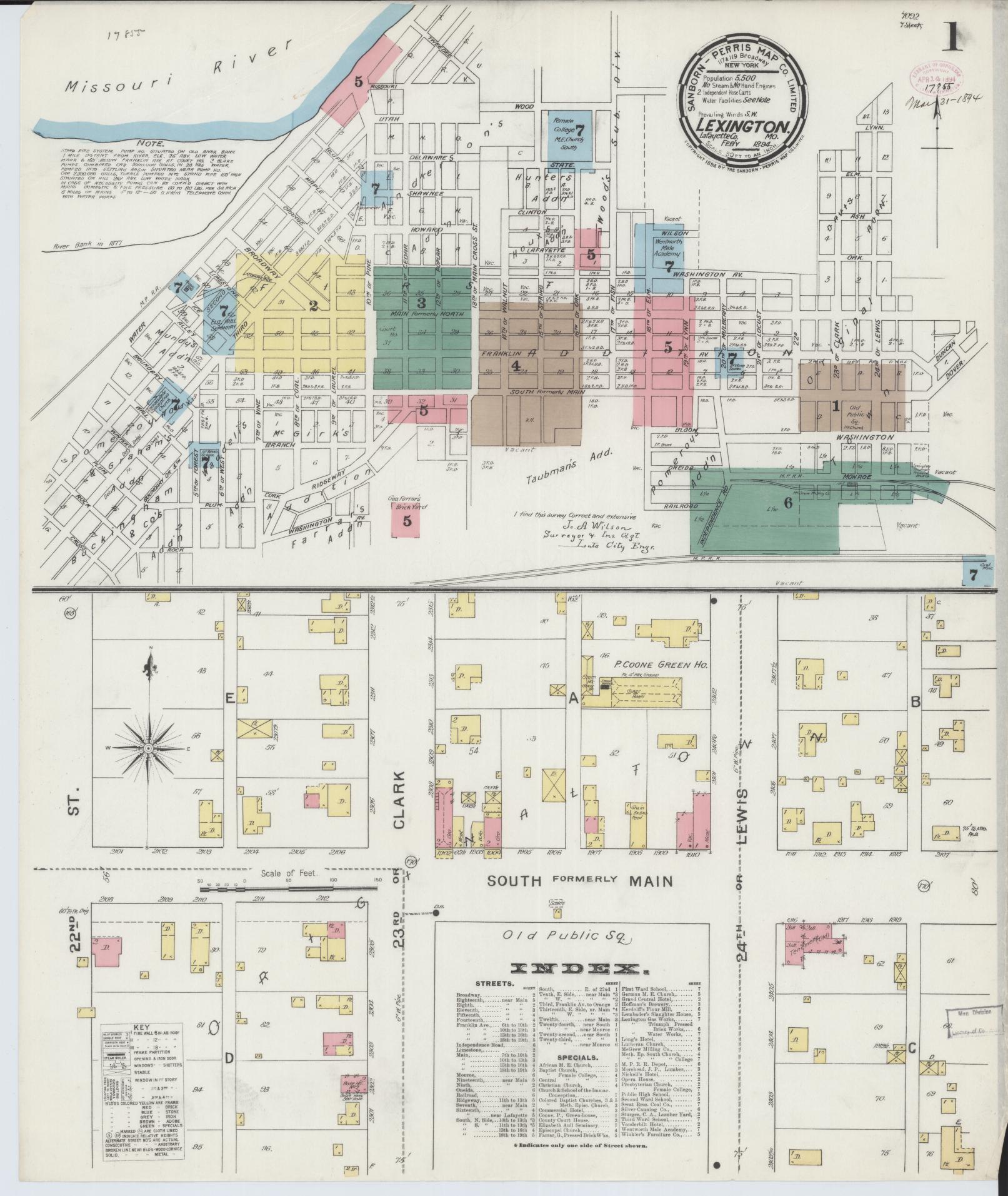 Sanborn Fire Insurance Map from Lexington, Lafayette County, Missouri (1894), Sheet #0001 - Historic Sanborn Fire Insurance Map Print, vintage old map wall art, antique decor, genealogy gift, Missouri Missouri map