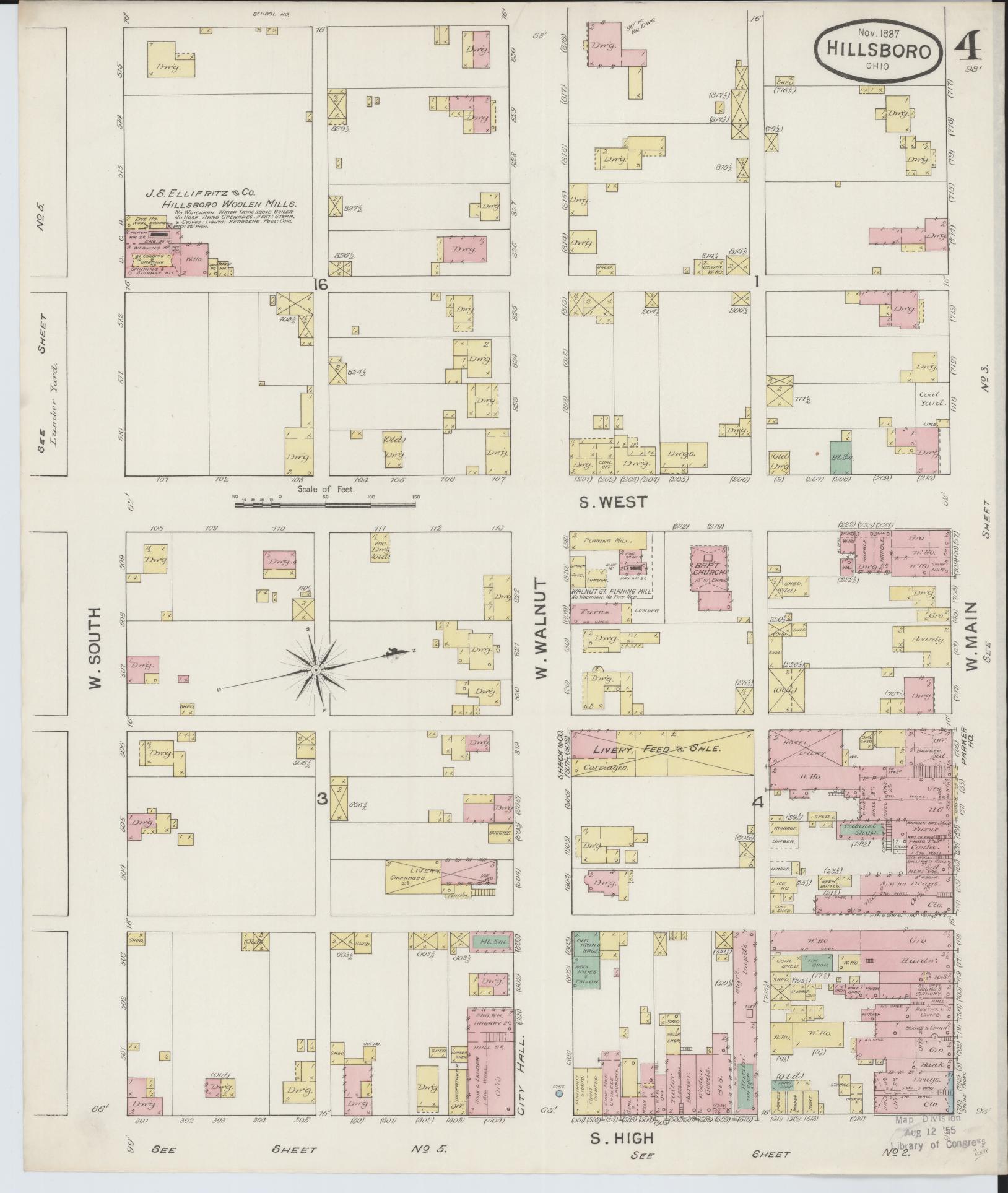 Sanborn Fire Insurance Map from Hillsboro, Highland County, Ohio (1887), Sheet #0004 - Historic Sanborn Fire Insurance Map Print, vintage old map wall art, antique decor, genealogy gift, Ohio Ohio map