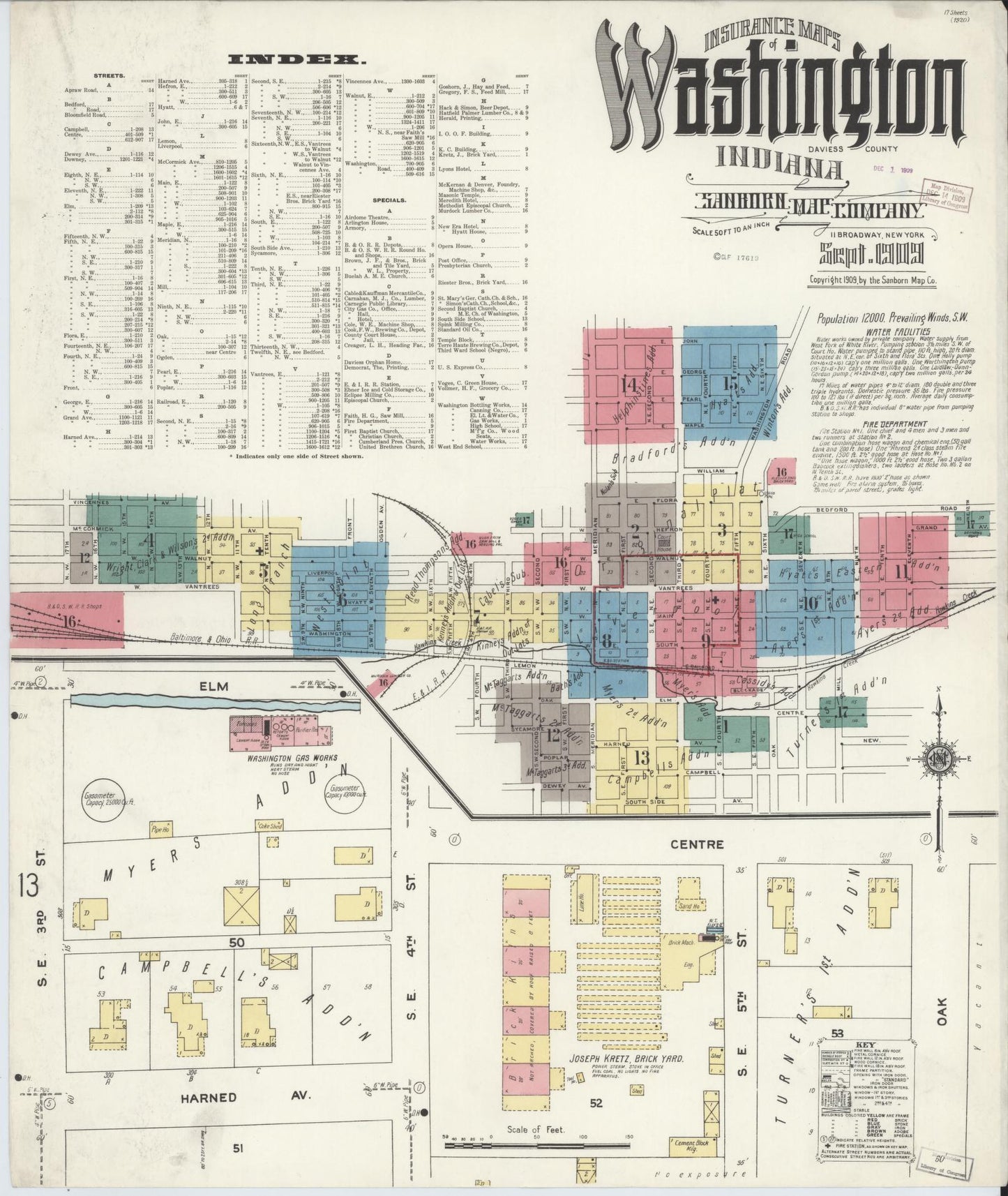 Sanborn Fire Insurance Map from Washington, Daviess County, Indiana (1909), Sheet #0001 - Historic Sanborn Fire Insurance Map Print, vintage old map wall art, antique decor, genealogy gift, Indiana Indiana map