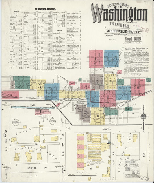 Sanborn Fire Insurance Map from Washington, Daviess County, Indiana (1909), Sheet #0001 - Historic Sanborn Fire Insurance Map Print, vintage old map wall art, antique decor, genealogy gift, Indiana Indiana map