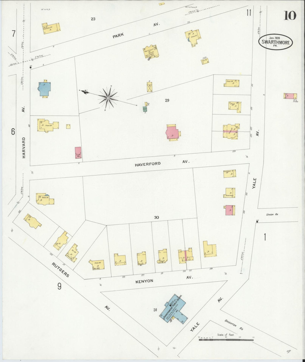 Sanborn Fire Insurance Map from Swarthmore, Delaware County, Pennsylvania (1909), Sheet #0010 - Historic Sanborn Fire Insurance Map Print, vintage old map wall art, antique decor, genealogy gift, Swarthmore Delaware map