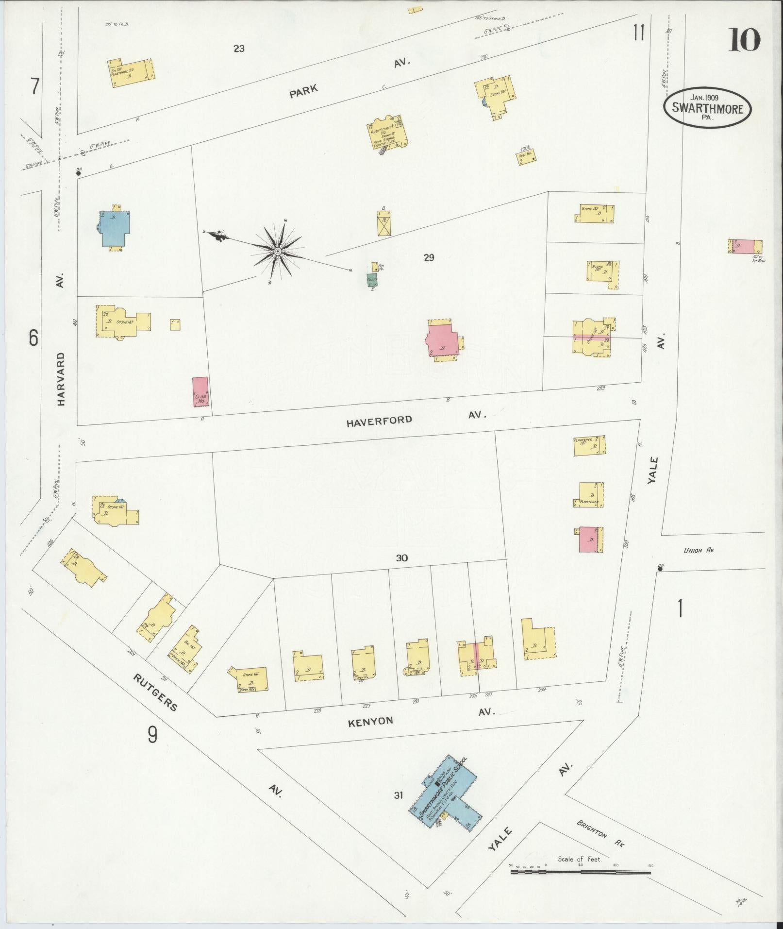 Sanborn Fire Insurance Map from Swarthmore, Delaware County, Pennsylvania (1909), Sheet #0010 - Historic Sanborn Fire Insurance Map Print, vintage old map wall art, antique decor, genealogy gift, Swarthmore Delaware map