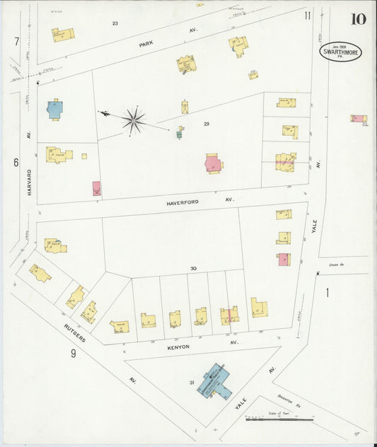 Sanborn Fire Insurance Map from Swarthmore, Delaware County, Pennsylvania (1909), Sheet #0010 - Historic Sanborn Fire Insurance Map Print, vintage old map wall art, antique decor, genealogy gift, Swarthmore Delaware map