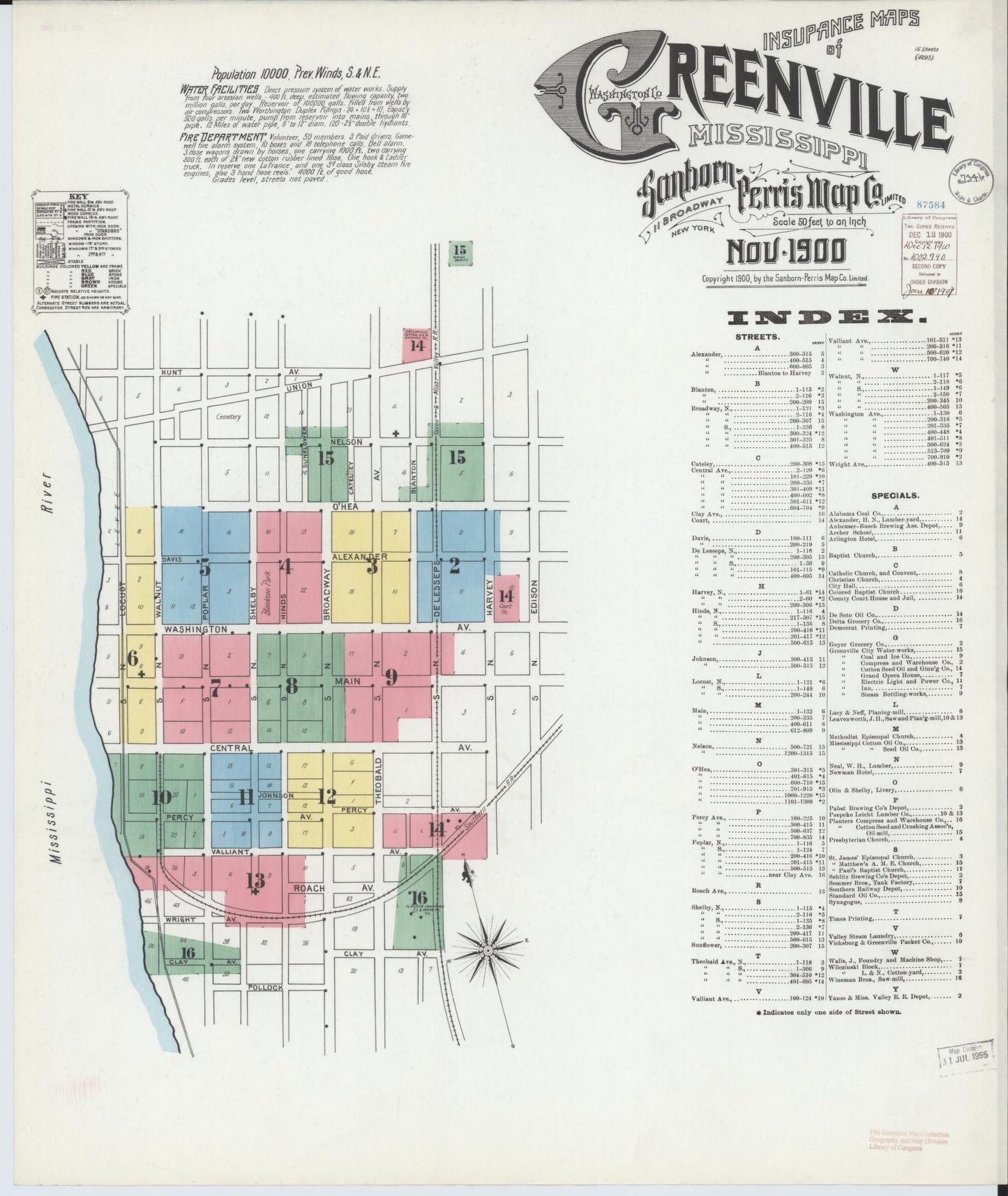 Sanborn Fire Insurance Map from Greenville, Washington County, Mississippi (1900), Sheet #0001 - Complete Map Set gallery image, historic Sanborn map, vintage wall art, Mississippi Mississippi