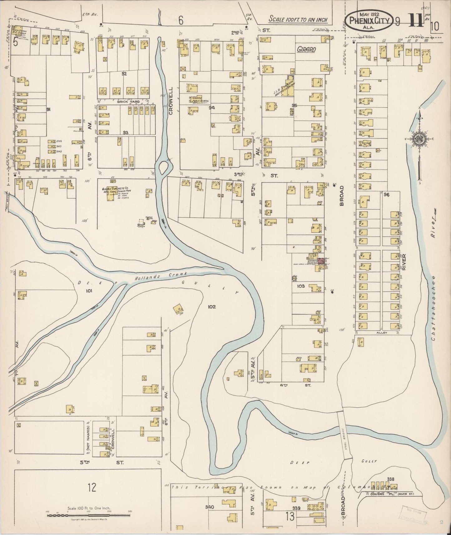 Sanborn Fire Insurance Map from Phenix City, Lee And Russell Counties, Alabama (1922), Sheet #0011 - Complete Map Set gallery image, historic Sanborn map, vintage wall art, Alabama Alabama