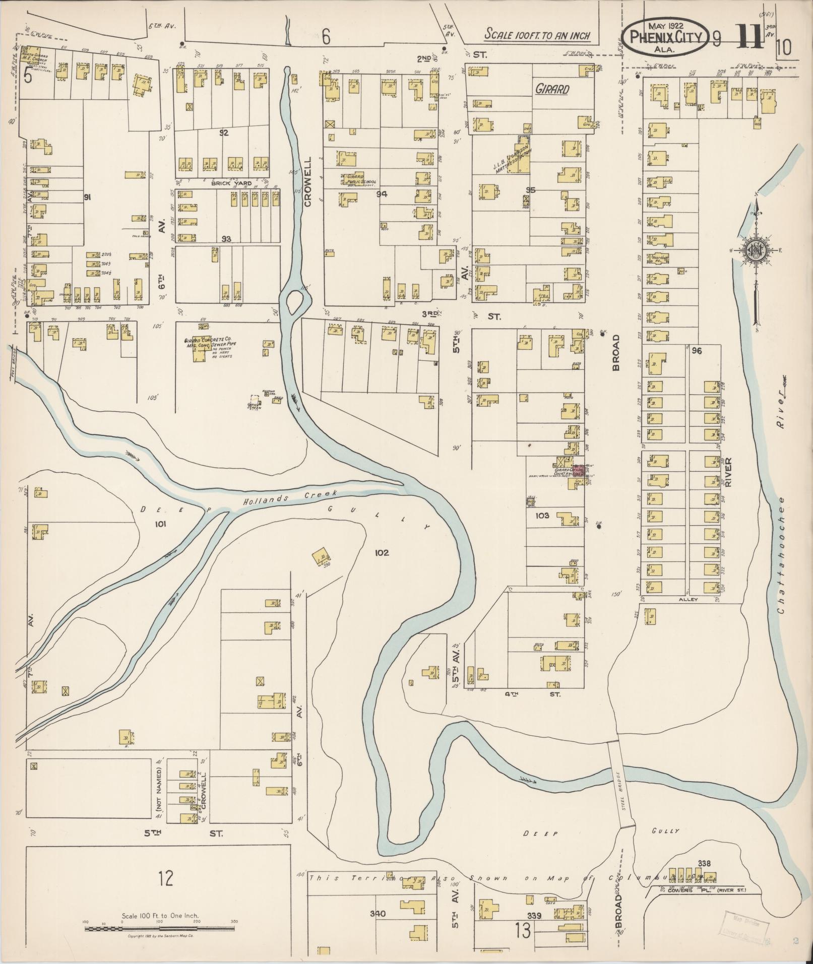 Sanborn Fire Insurance Map from Phenix City, Lee And Russell Counties, Alabama (1922), Sheet #0011 - Complete Map Set gallery image, historic Sanborn map, vintage wall art, Alabama Alabama