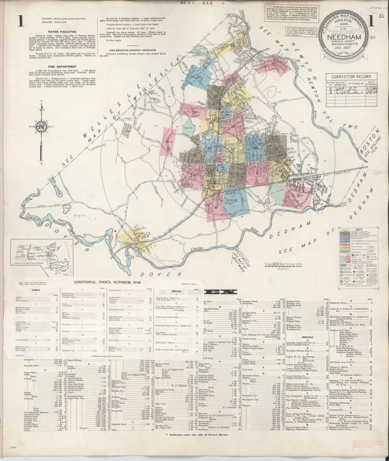 Sanborn Fire Insurance Map from Needham, Norfolk County, Massachusetts (1948), Sheet #0001 - Historic Sanborn Fire Insurance Map Print, vintage old map wall art, antique decor, genealogy gift, Massachusetts Massachusetts map