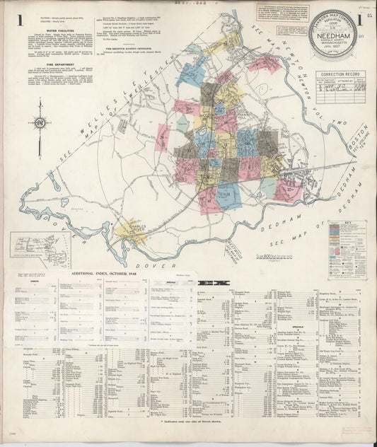 Sanborn Fire Insurance Map from Needham, Norfolk County, Massachusetts (1948), Sheet #0001 - Historic Sanborn Fire Insurance Map Print, vintage old map wall art, antique decor, genealogy gift, Massachusetts Massachusetts map