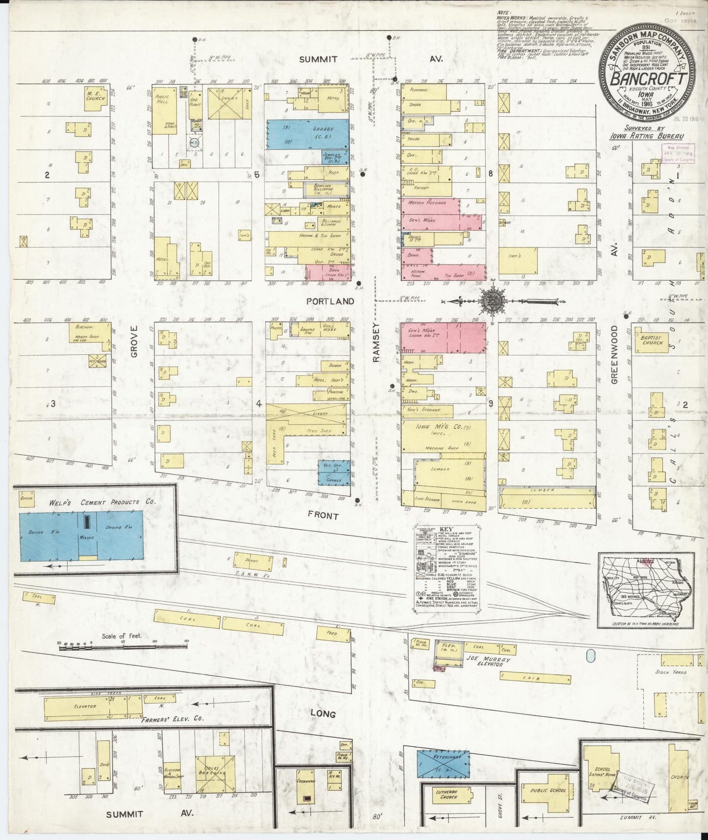 Sanborn Fire Insurance Map from Bancroft, Kossuth County, Iowa (1916), Sheet #0001 - Historic Sanborn Fire Insurance Map Print, vintage old map wall art