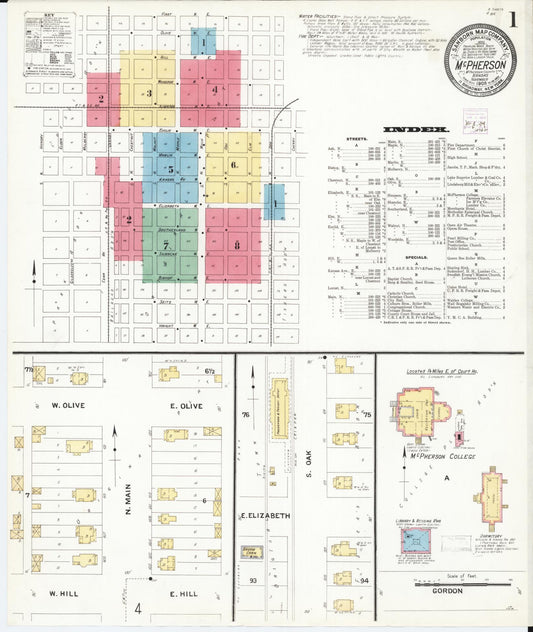 Sanborn Fire Insurance Map from Mcpherson, Mcpherson County, Kansas (1908), Sheet #0001 - Historic Sanborn Fire Insurance Map Print, vintage old map wall art, antique decor, genealogy gift, Kansas Kansas map