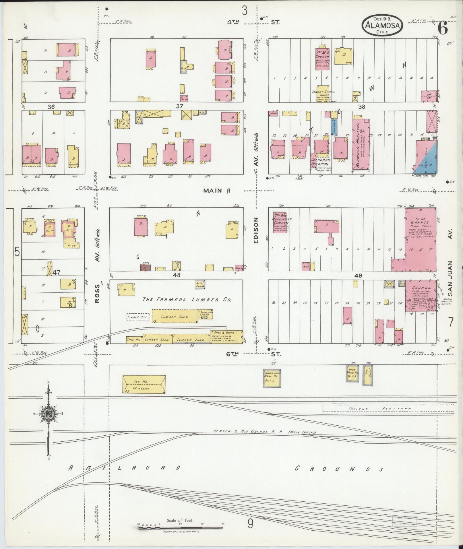 Sanborn Fire Insurance Map from Alamosa, Alamosa County, Colorado (1919), Sheet #0006 - Historic Sanborn Fire Insurance Map Print, vintage old map wall art, antique decor, genealogy gift, Colorado Colorado map
