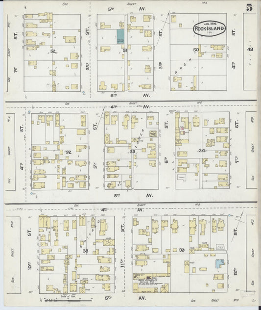 Sanborn Fire Insurance Map from Rock Island, Rock Island County, Illinois (1892), Sheet #0005 - Historic Sanborn Fire Insurance Map Print, vintage old map wall art, antique decor, genealogy gift, Illinois Illinois map