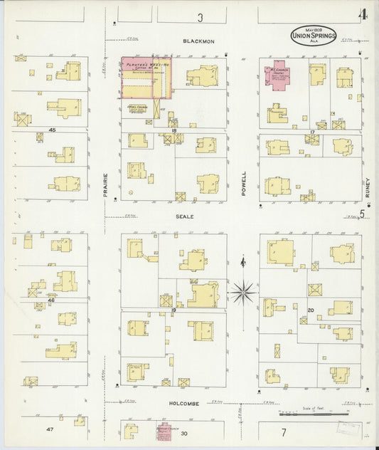 Sanborn Fire Insurance Map from Union Springs, Bullock County, Alabama (1909), Sheet #0004 - Historic Sanborn Fire Insurance Map Print, vintage old map wall art, antique decor, genealogy gift, Alabama Alabama map