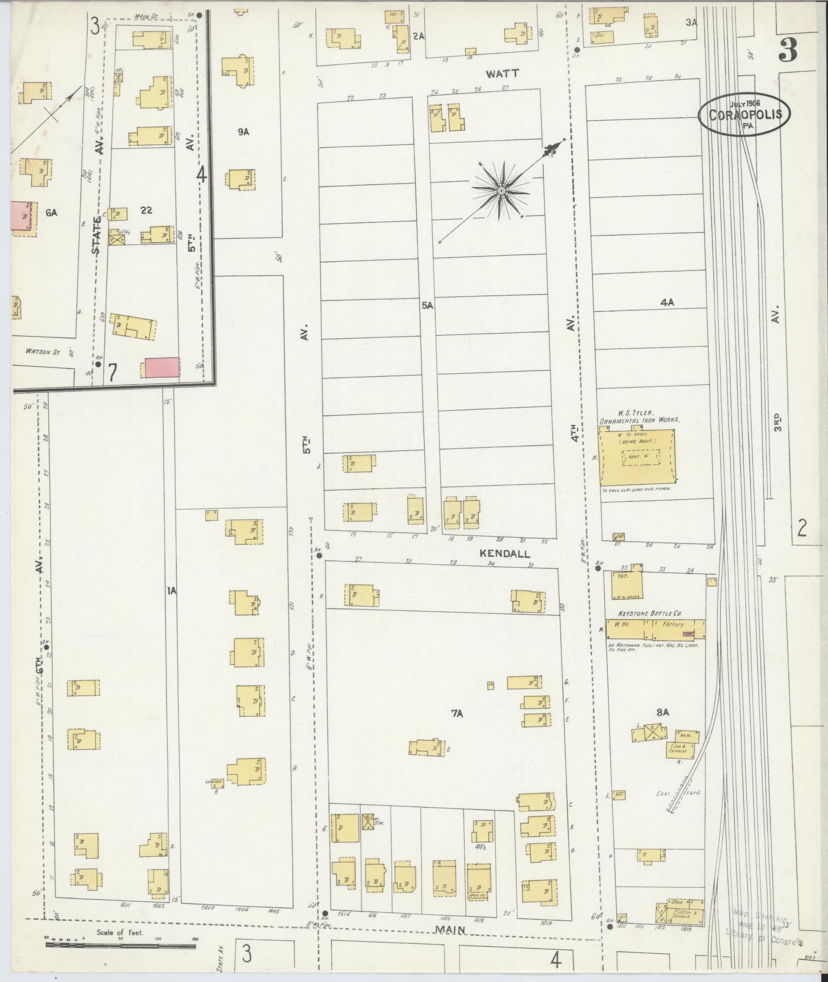 Sanborn Fire Insurance Map from Coraopolis, Allegheny County, Pennsylvania (1906), Sheet #0003 - Historic Sanborn Fire Insurance Map Print, vintage old map wall art, antique decor, genealogy gift, Pennsylvania Pennsylvania map
