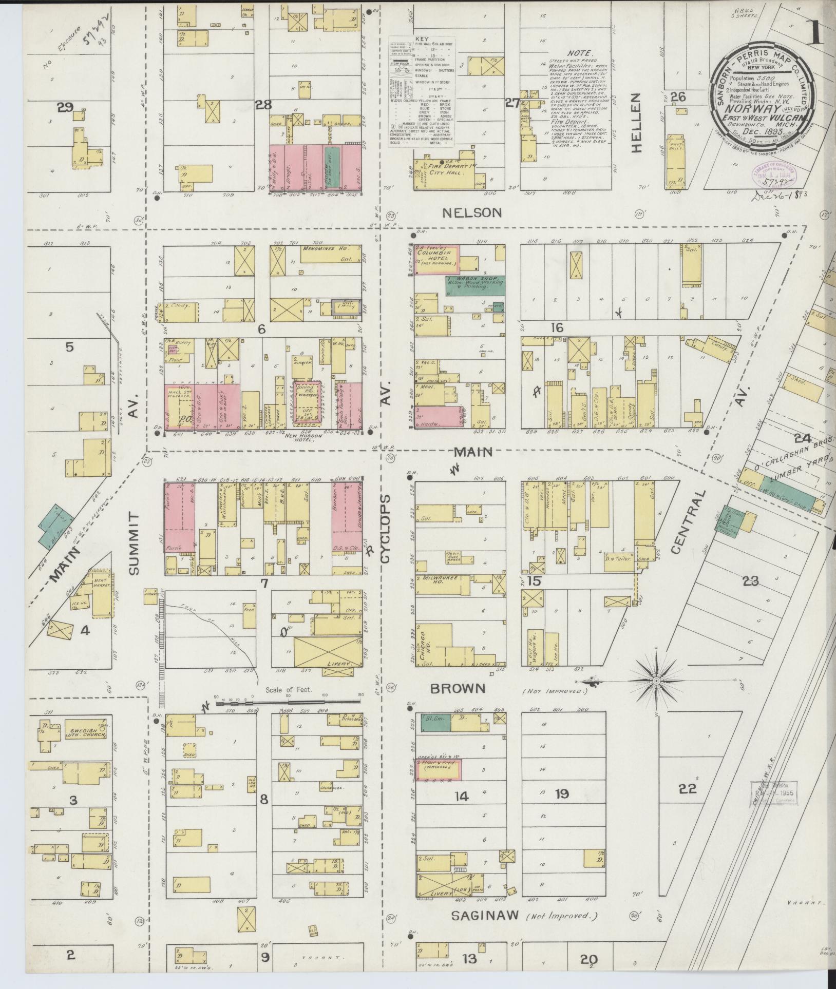 Sanborn Fire Insurance Map from Norway, Dickinson County, Michigan (1893), Sheet #0001 - Complete Map Set gallery image, historic Sanborn map, vintage wall art, Michigan Michigan
