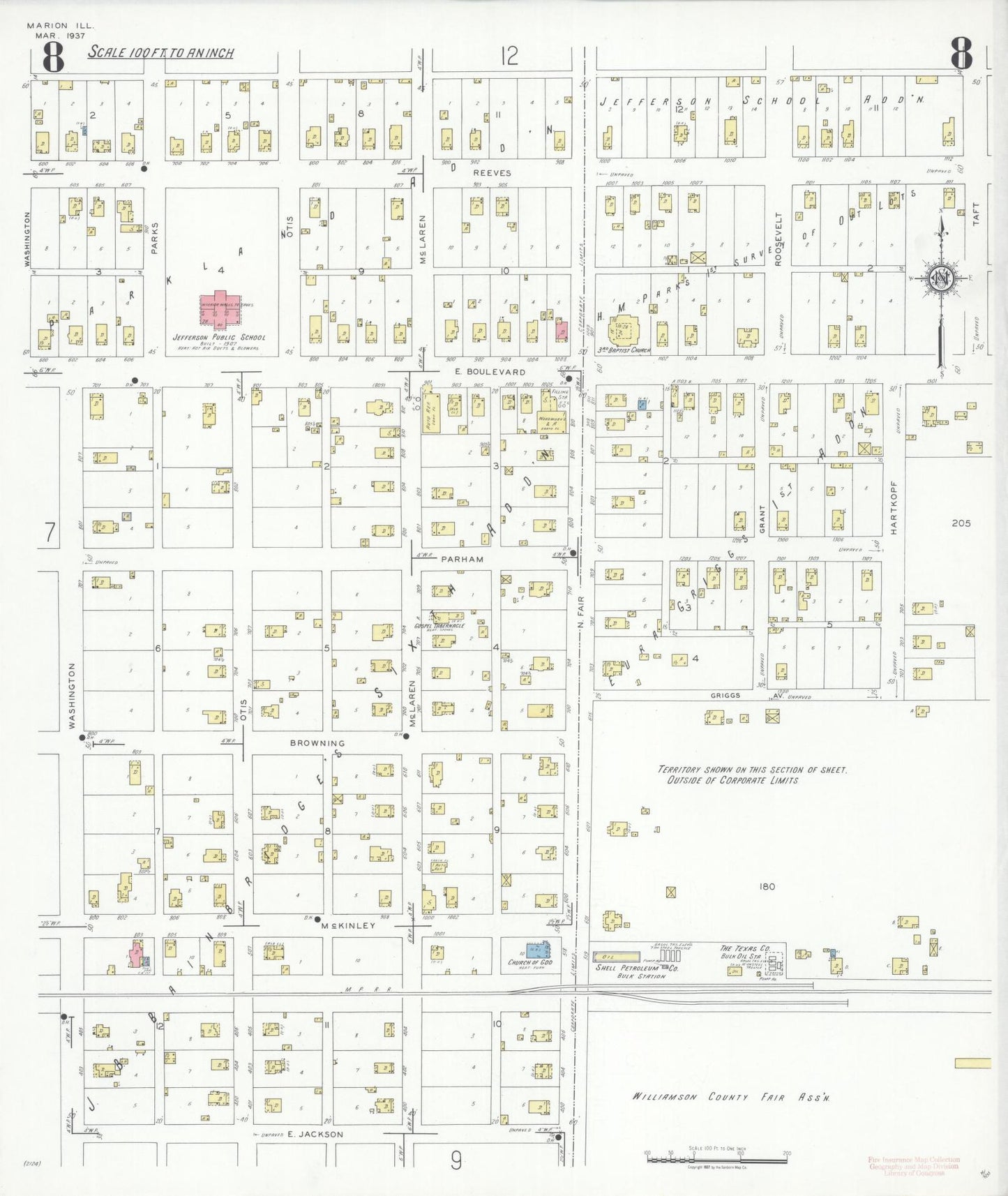 Sanborn Fire Insurance Map from Marion, Williamson County, Illinois (1937), Sheet #0008 - Historic Sanborn Fire Insurance Map Print, vintage old map wall art, antique decor, genealogy gift, Illinois Illinois map
