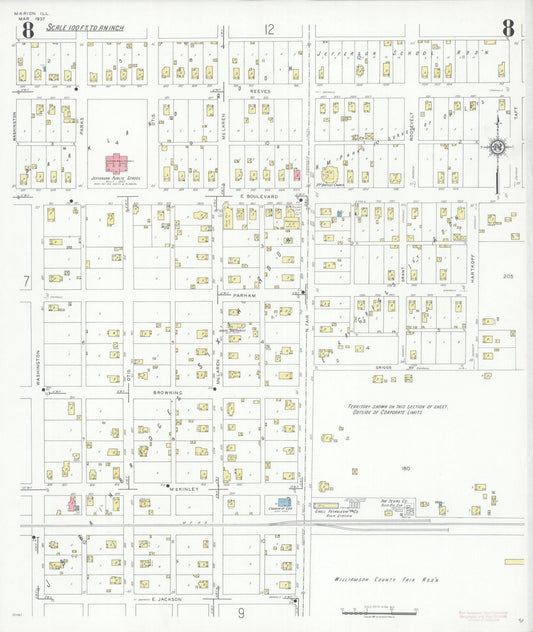 Sanborn Fire Insurance Map from Marion, Williamson County, Illinois (1937), Sheet #0008 - Historic Sanborn Fire Insurance Map Print, vintage old map wall art, antique decor, genealogy gift, Illinois Illinois map