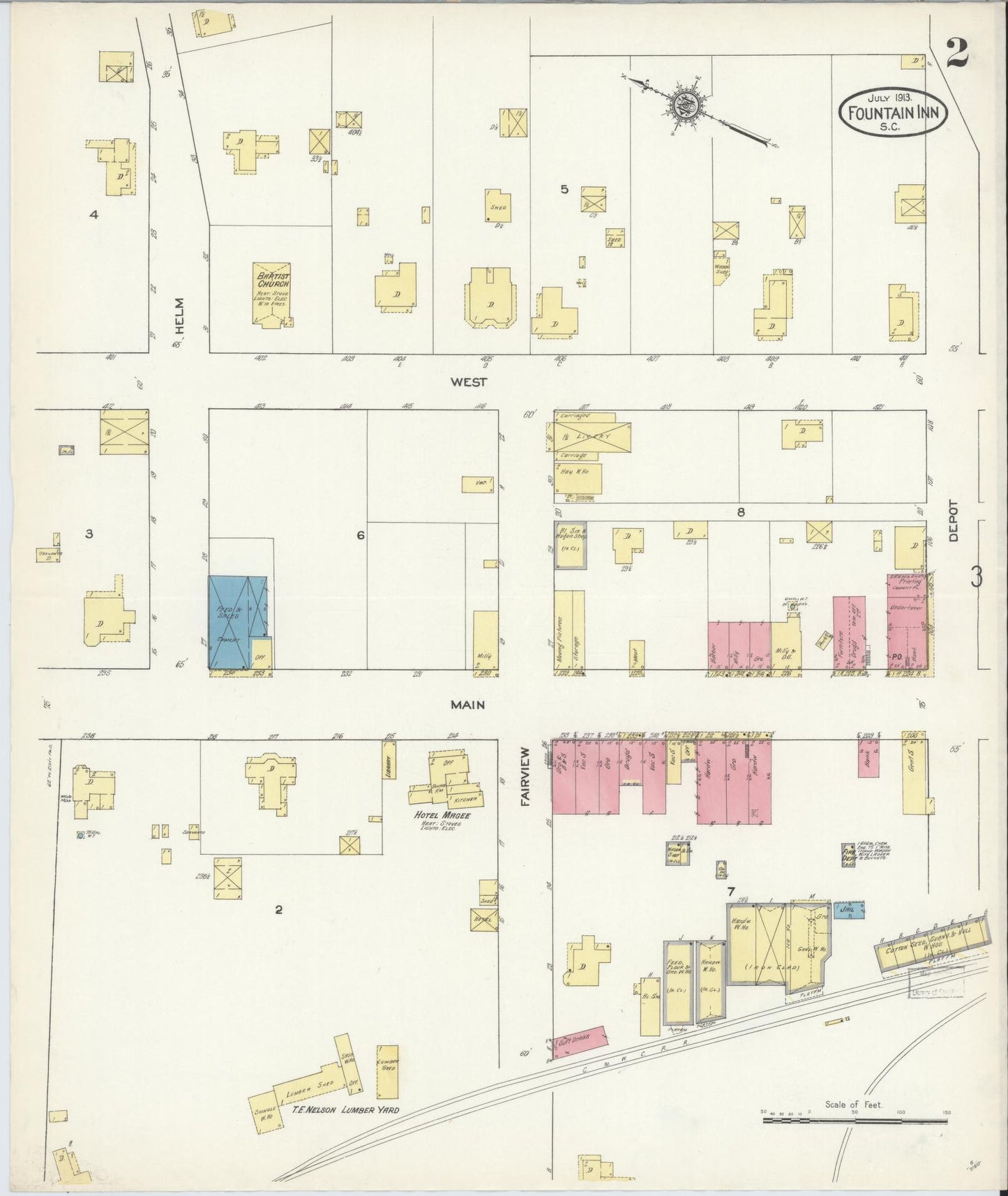Sanborn Fire Insurance Map from Fountain Inn, Greenville And Laurens County, South Carolina (1913), Sheet #0002 - Historic Sanborn Fire Insurance Map Print, vintage old map wall art, antique decor, genealogy gift, South Carolina South Carolina map