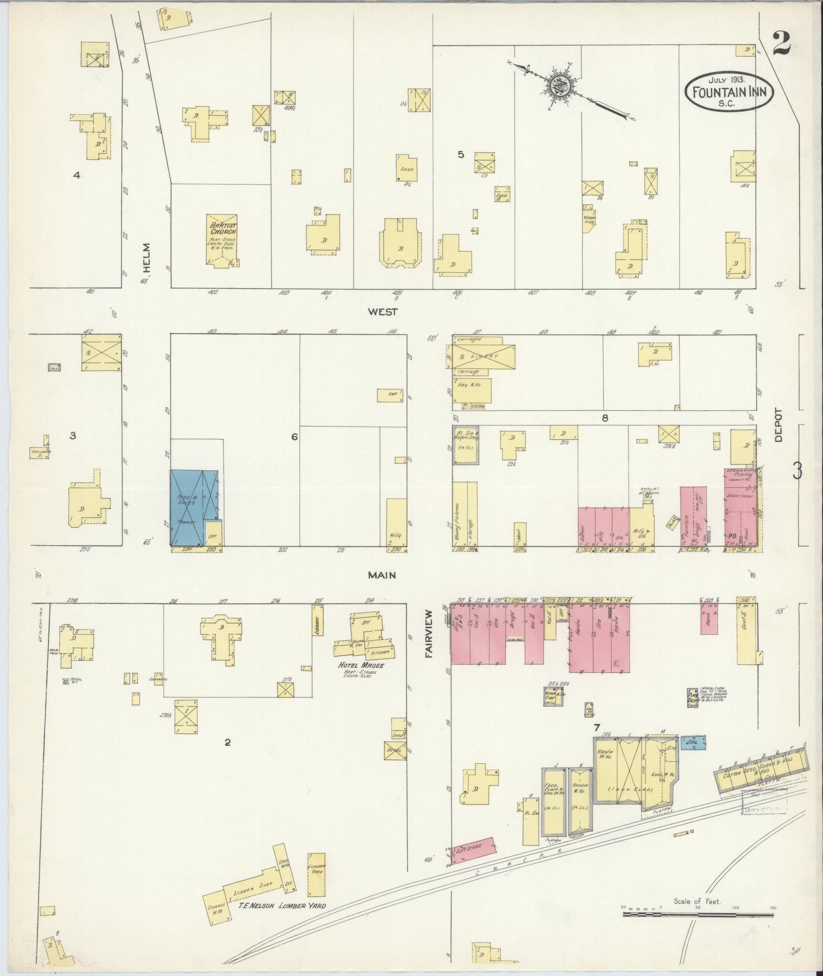 Sanborn Fire Insurance Map from Fountain Inn, Greenville And Laurens County, South Carolina (1913), Sheet #0002 - Historic Sanborn Fire Insurance Map Print, vintage old map wall art, antique decor, genealogy gift, South Carolina South Carolina map