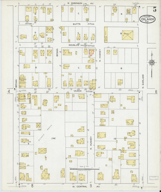 Sanborn Fire Insurance Map from Orlando, Orange County, Florida (1919), Sheet #0005 - Historic Sanborn Fire Insurance Map Print, vintage old map wall art, antique decor, genealogy gift, Florida Florida map