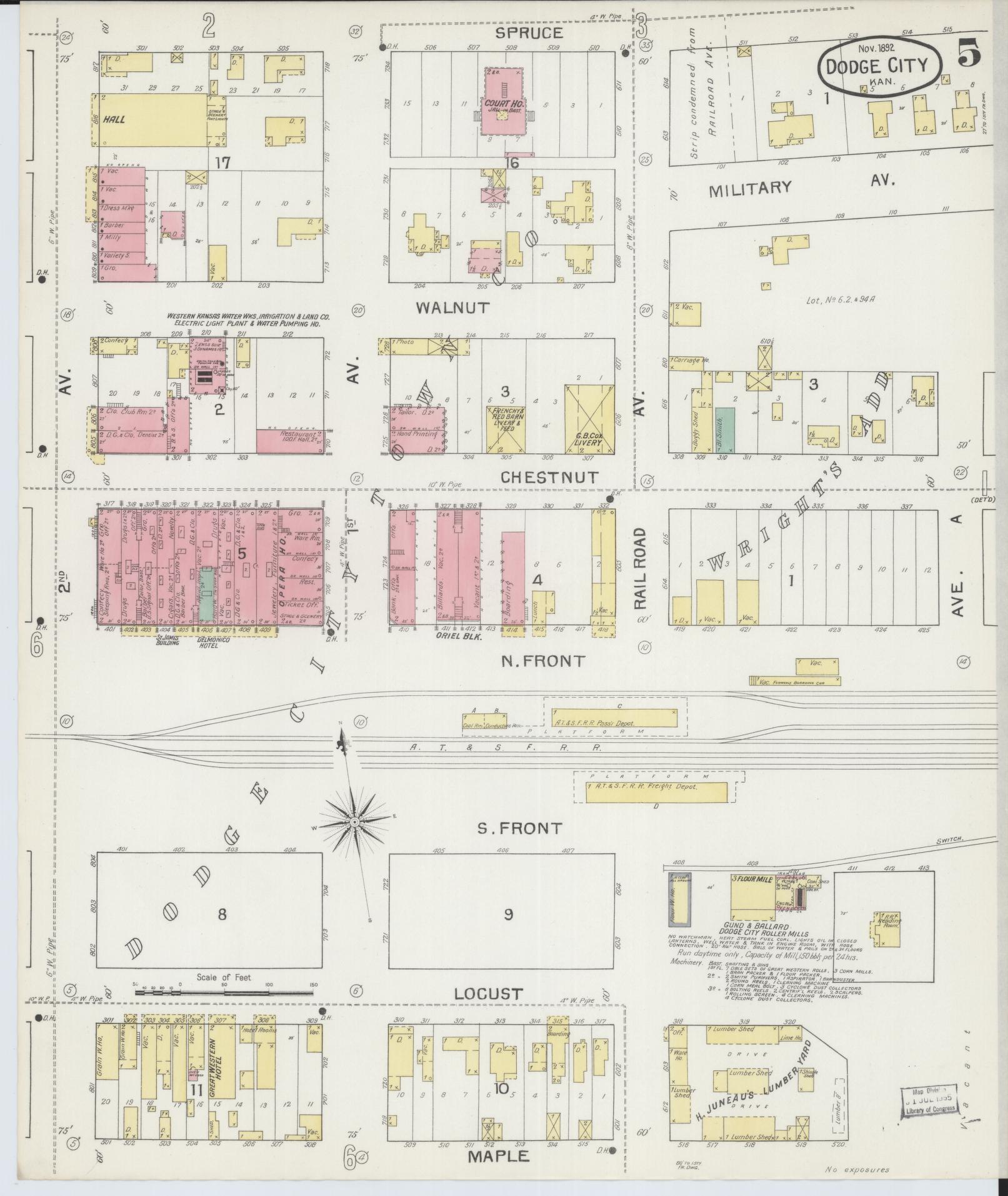 Sanborn Fire Insurance Map from Dodge City, Ford County, Kansas (1892), Sheet #0005 - Historic Sanborn Fire Insurance Map Print, vintage old map wall art, antique decor, genealogy gift, Kansas Kansas map
