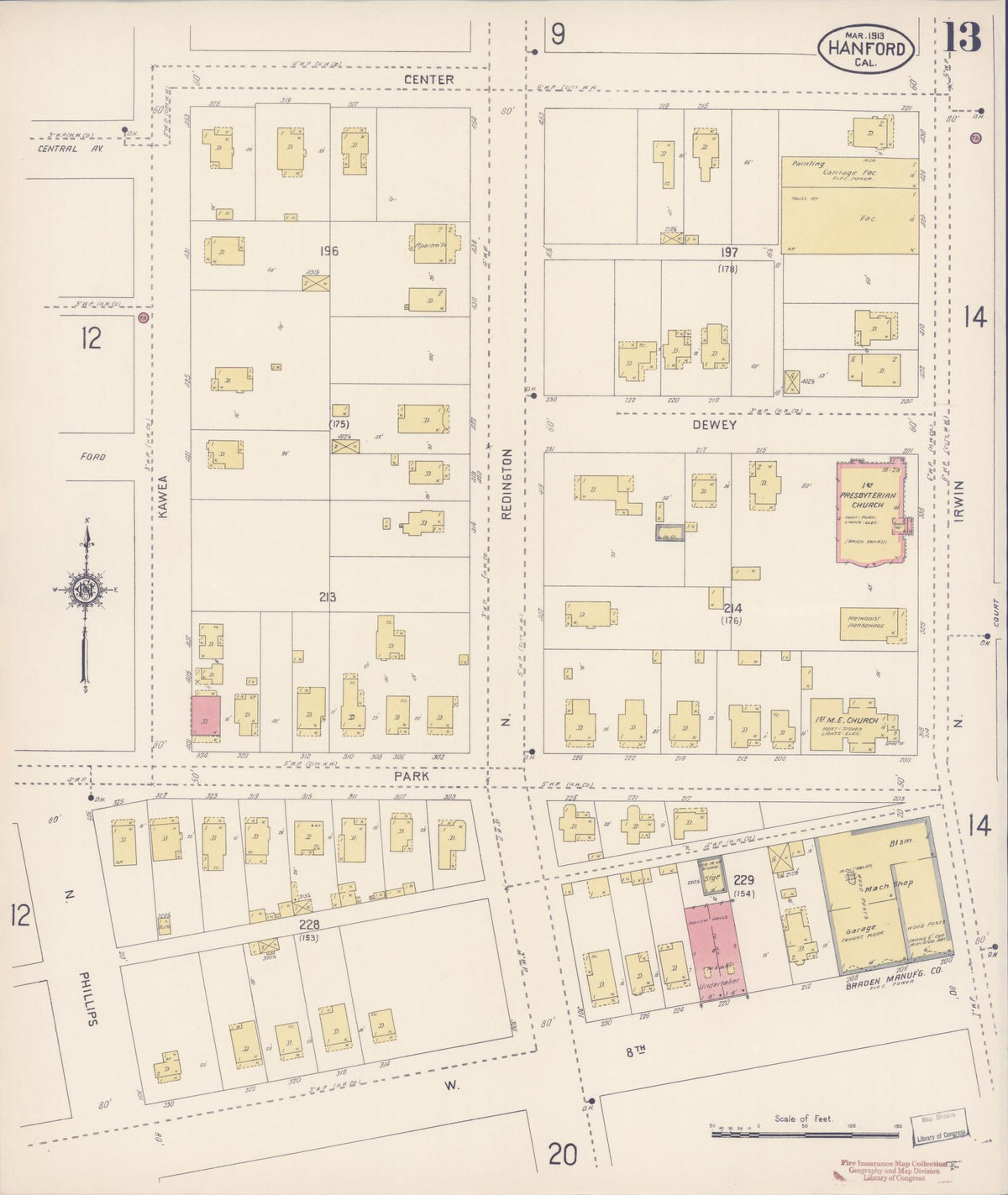 Sanborn Fire Insurance Map from Hanford, Kings County, California (1913), Sheet #0013 - Complete Map Set gallery image, historic Sanborn map, vintage wall art, California California