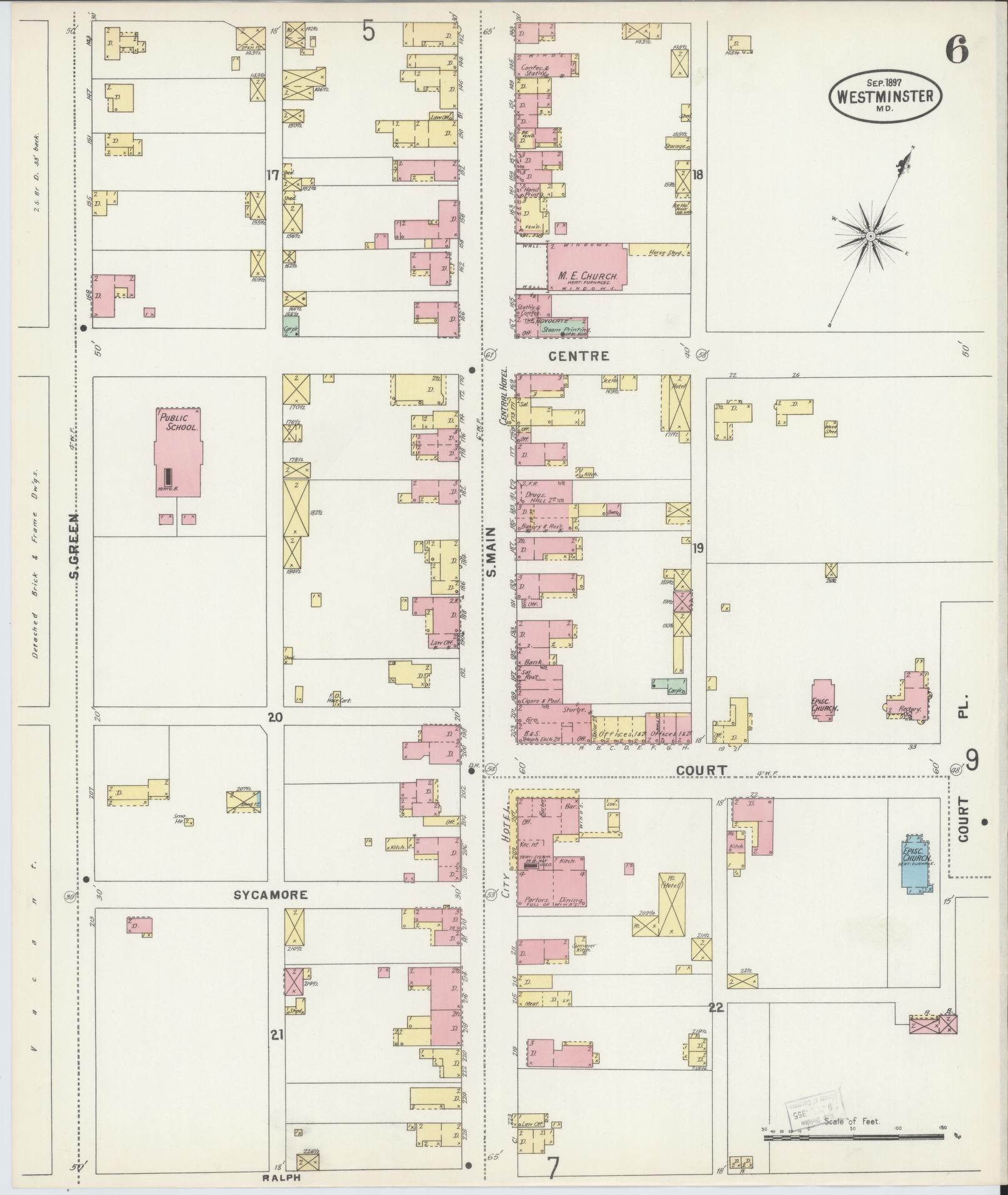 Sanborn Fire Insurance Map from Westminster, Carroll County, Maryland (1897), Sheet #0006 - Historic Sanborn Fire Insurance Map Print, vintage old map wall art, antique decor, genealogy gift, Maryland Maryland map