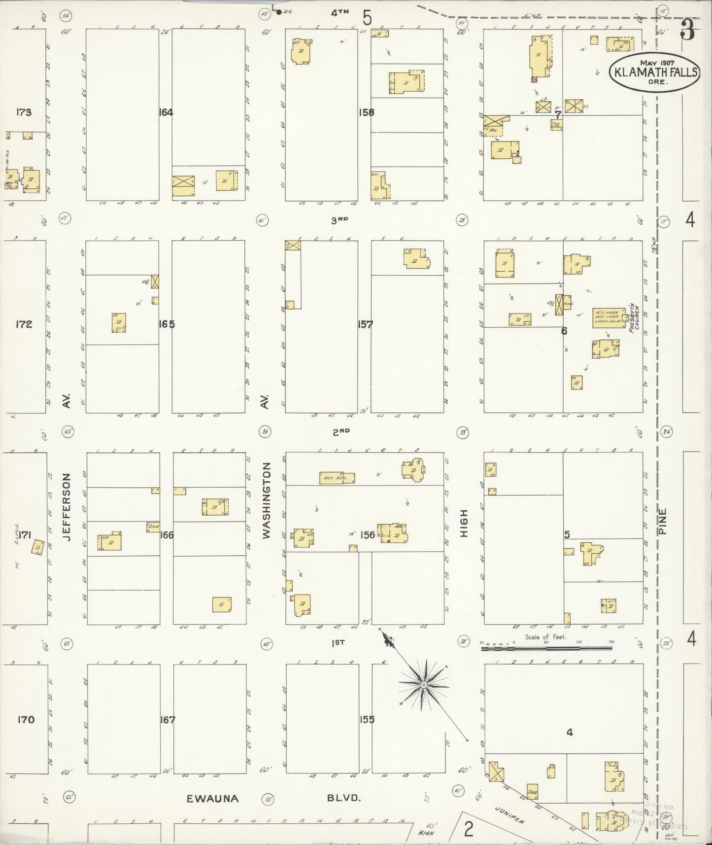 Sanborn Fire Insurance Map from Klamath Falls, Klamath County, Oregon (1907), Sheet #0003 - Complete Map Set gallery image, historic Sanborn map, vintage wall art, Oregon Oregon