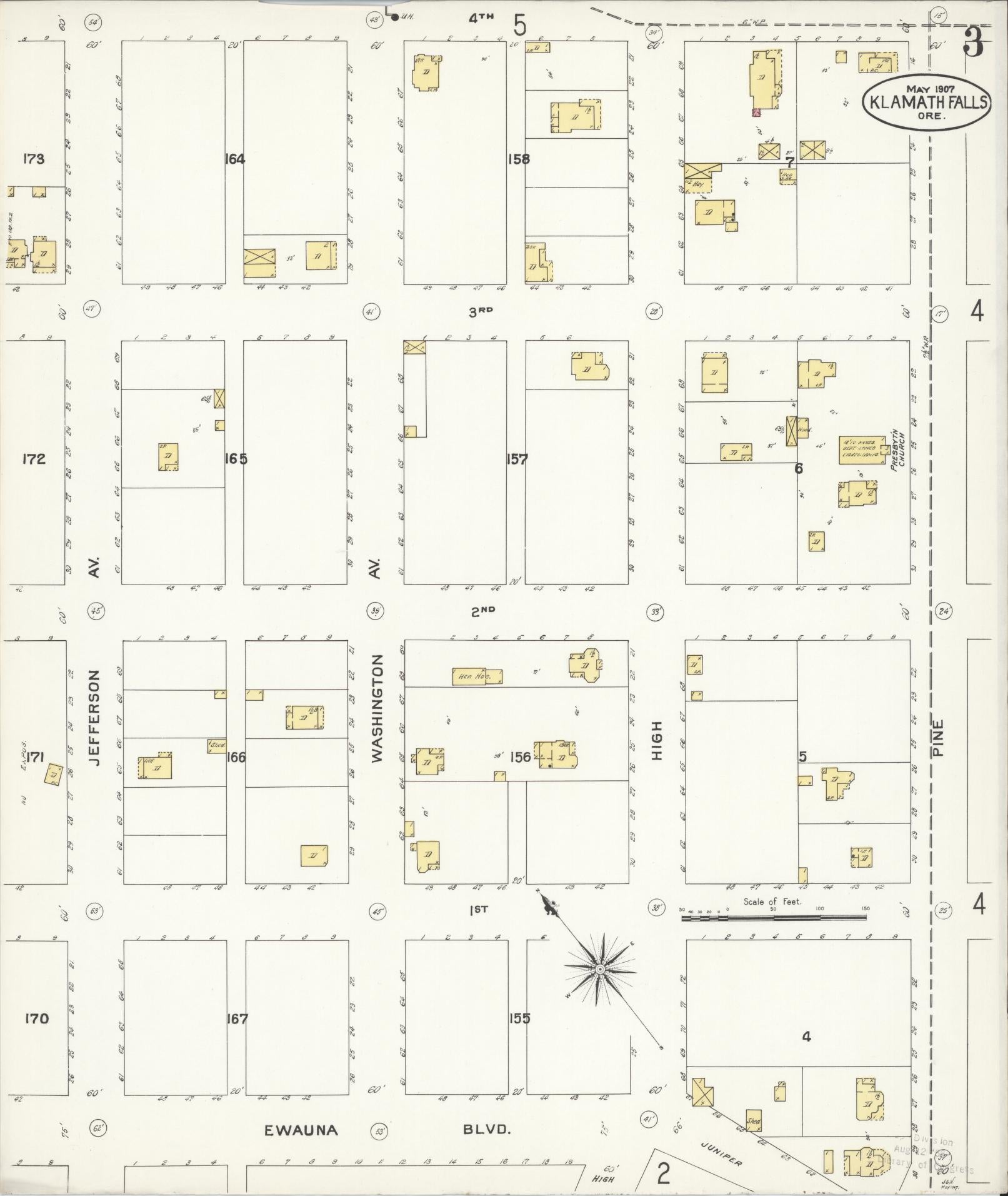 Sanborn Fire Insurance Map from Klamath Falls, Klamath County, Oregon (1907), Sheet #0003 - Complete Map Set gallery image, historic Sanborn map, vintage wall art, Oregon Oregon