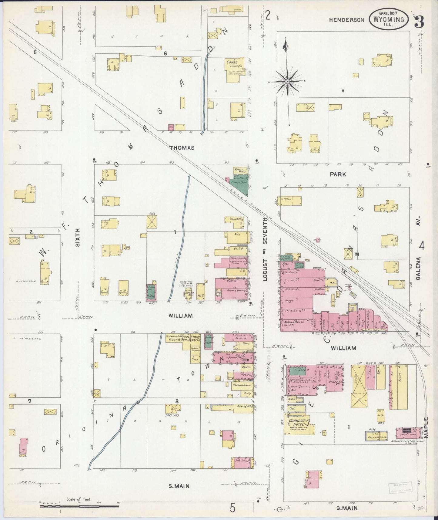 Sanborn Fire Insurance Map from Wyoming, Stark County, Illinois (1907), Sheet #0003 - Complete Map Set gallery image, historic Sanborn map, vintage wall art, Illinois Illinois