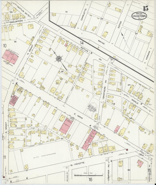 Sanborn Fire Insurance Map from Uniontown, Fayette County, Pennsylvania (1914), Sheet #0015 - Historic Sanborn Fire Insurance Map Print, vintage old map wall art, antique decor, genealogy gift, Pennsylvania Pennsylvania map