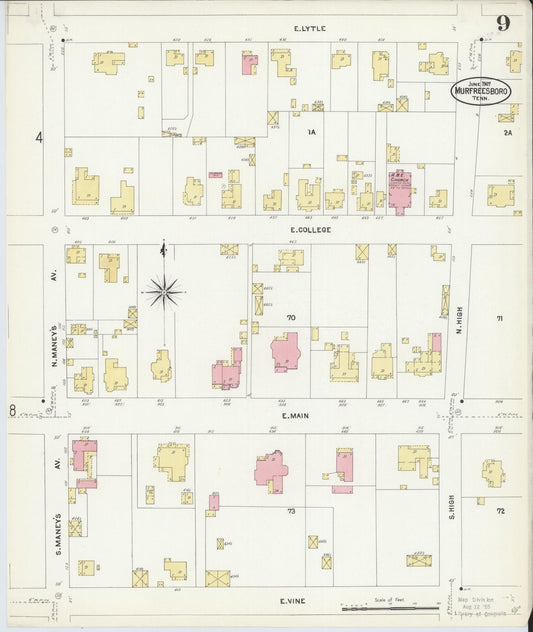 Sanborn Fire Insurance Map from Murfreesboro, Rutherford County, Tennessee (1907), Sheet #0009 - Historic Sanborn Fire Insurance Map Print, vintage old map wall art, antique decor, genealogy gift, Tennessee Tennessee map