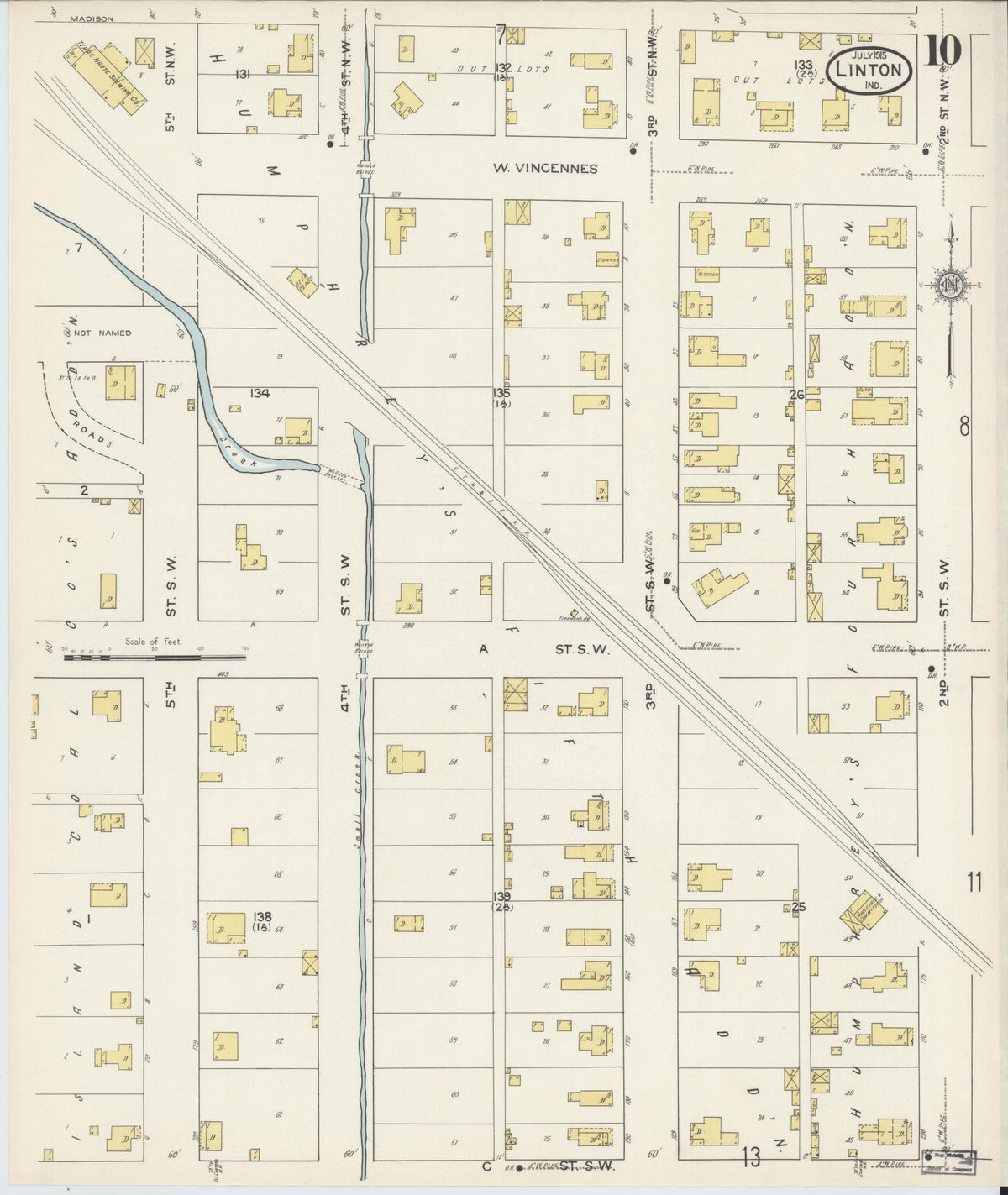 Sanborn Fire Insurance Map from Linton, Greene County, Indiana (1915), Sheet #0010 - Historic Sanborn Fire Insurance Map Print, vintage old map wall art, antique decor, genealogy gift, Indiana Indiana map