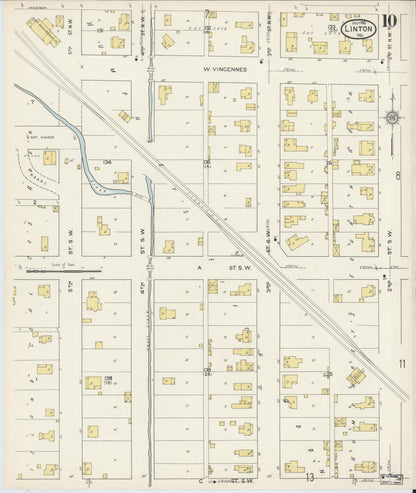 Sanborn Fire Insurance Map from Linton, Greene County, Indiana (1915), Sheet #0010 - Historic Sanborn Fire Insurance Map Print, vintage old map wall art, antique decor, genealogy gift, Indiana Indiana map