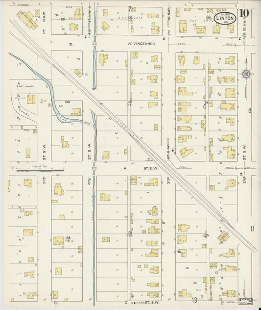Sanborn Fire Insurance Map from Linton, Greene County, Indiana (1915), Sheet #0010 - Historic Sanborn Fire Insurance Map Print, vintage old map wall art, antique decor, genealogy gift, Indiana Indiana map