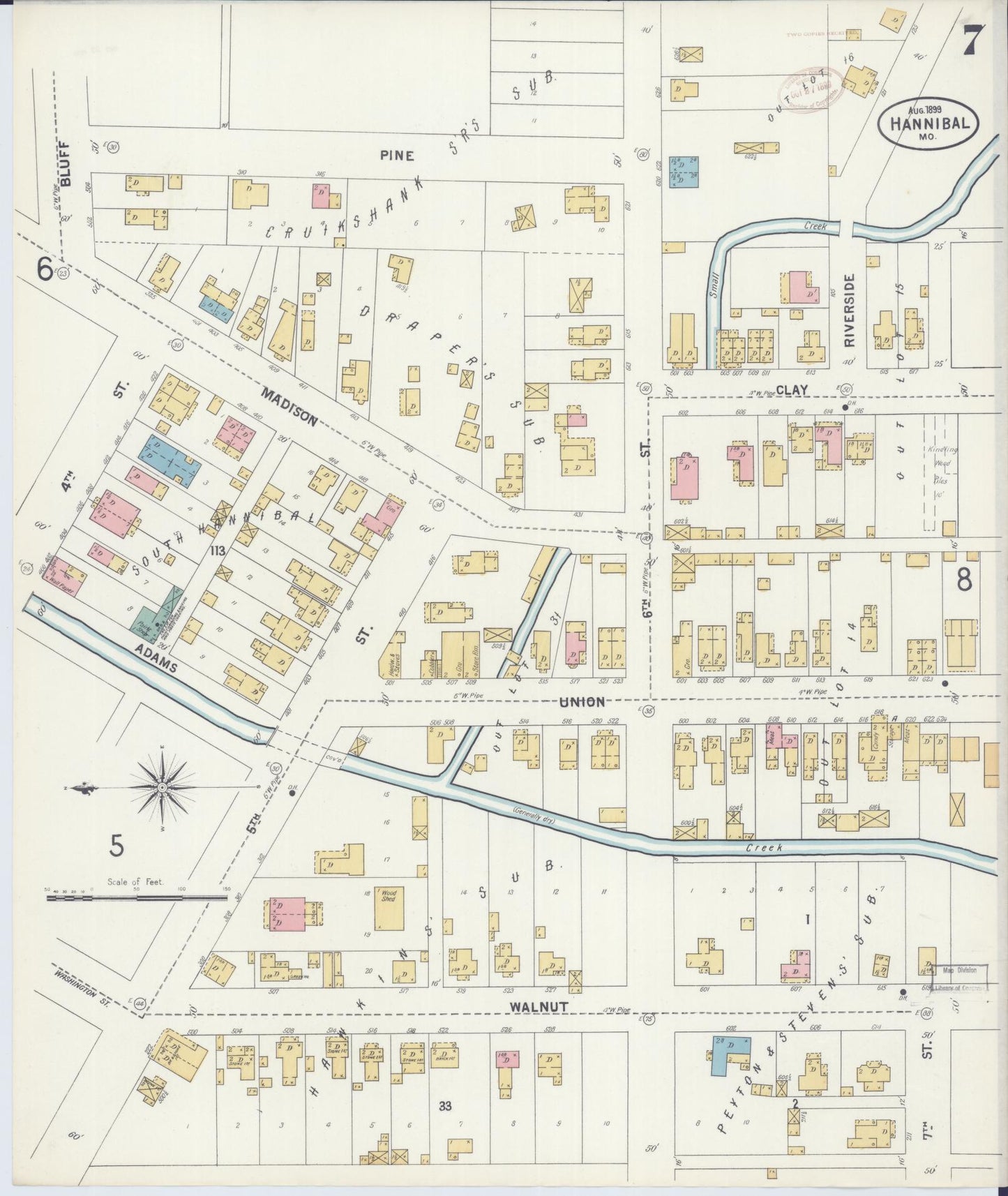 Sanborn Fire Insurance Map from Hannibal, Marion County, Missouri (1899), Sheet #0007 - Historic Sanborn Fire Insurance Map Print, vintage old map wall art, antique decor, genealogy gift, Missouri Missouri map