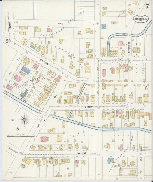 Sanborn Fire Insurance Map from Hannibal, Marion County, Missouri (1899), Sheet #0007 - Historic Sanborn Fire Insurance Map Print, vintage old map wall art, antique decor, genealogy gift, Missouri Missouri map