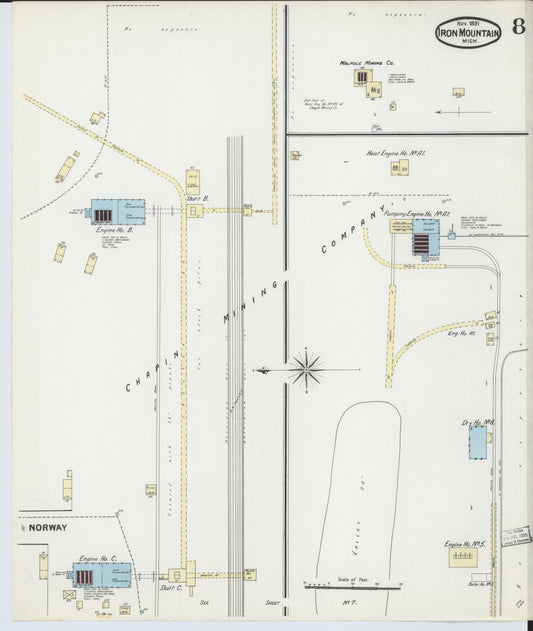 Sanborn Fire Insurance Map from Iron Mountain, Dickinson County, Michigan (1891), Sheet #0008 - Historic Sanborn Fire Insurance Map Print, vintage old map wall art, antique decor, genealogy gift, Michigan Michigan map