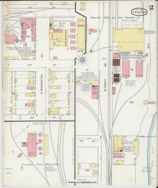 Sanborn Fire Insurance Map from Ashland, Boyd County, Kentucky (1895), Sheet #0002 - Historic Sanborn Fire Insurance Map Print, vintage old map wall art, antique decor, genealogy gift, Kentucky Kentucky map